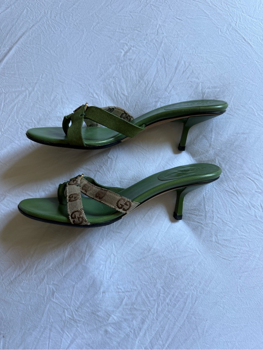 Gucci Tom Ford era Green/Brown GG Canvas with Suede mules/sandals on kitten heel - Picture 3 of 16